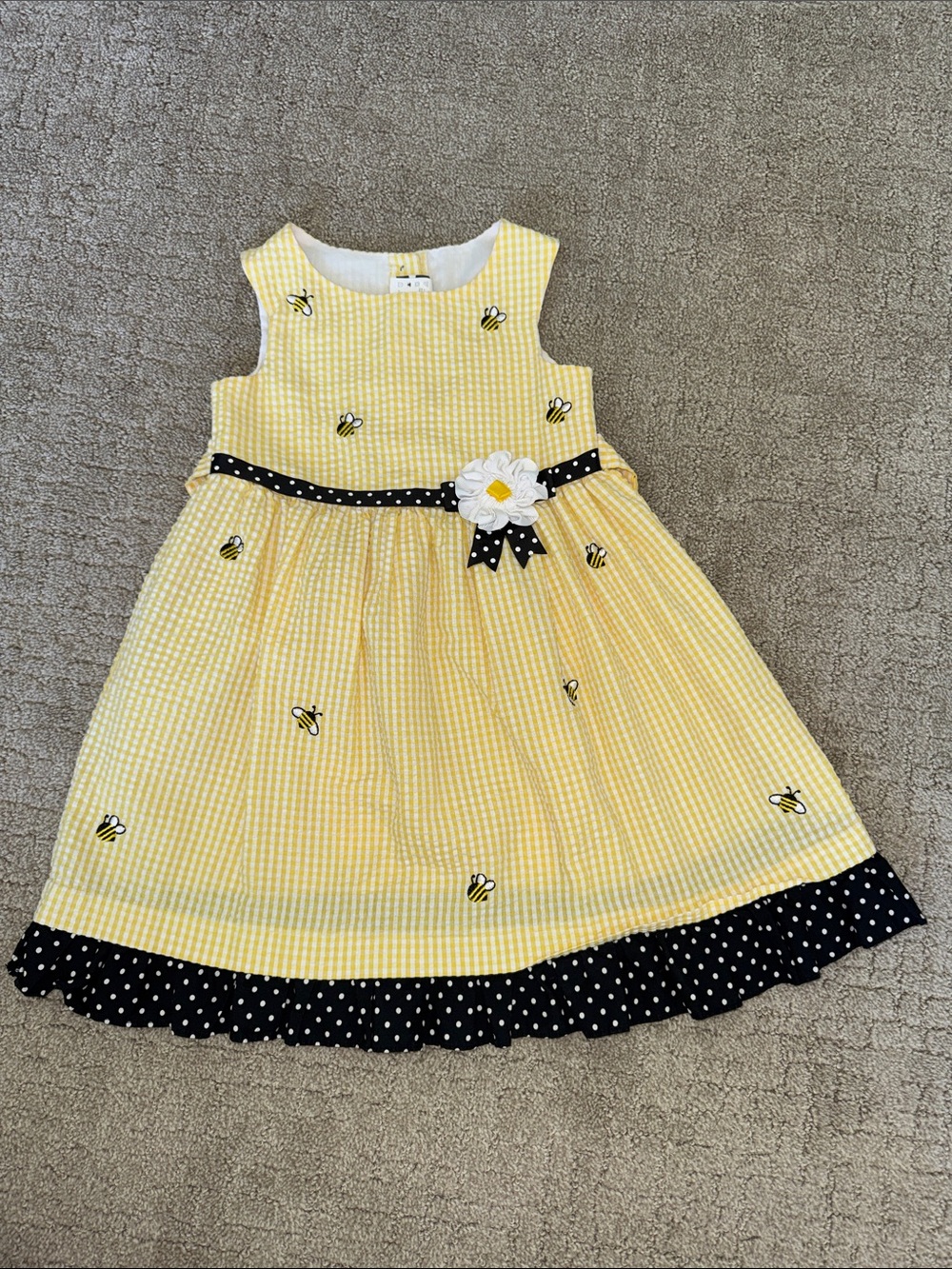 Yellow Bee-Print Girls' Sundress with Polka Dot Trim